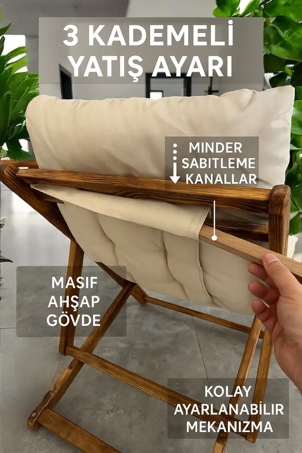 2 Adet Masif Ahşap Krem Minderli Şezlong 